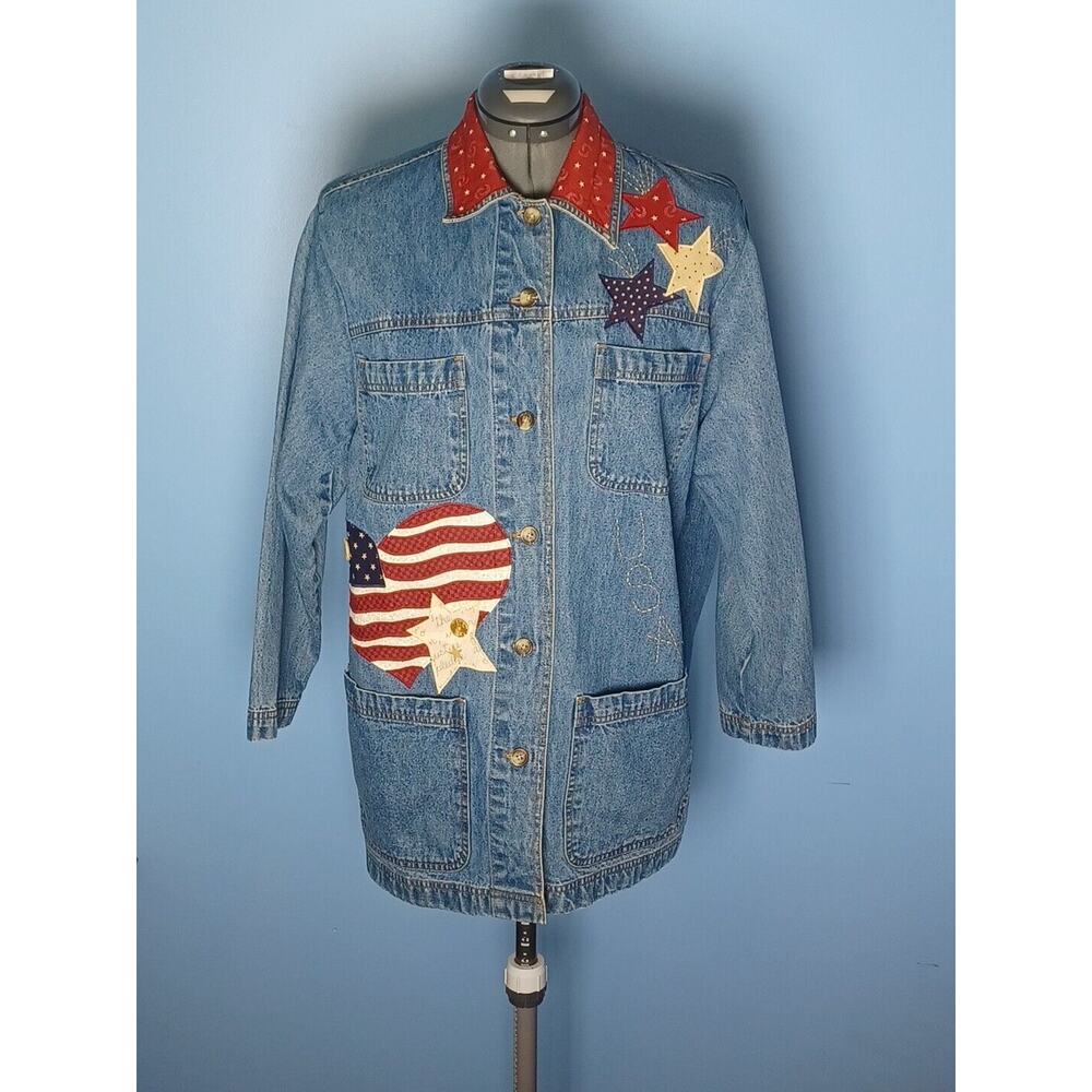 Cabin Creek Denim Chore Coat Womens Medium Americana Stars Hearts Red,White,Blue - Picture 7 of 12